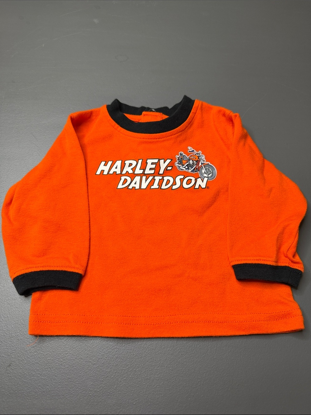 Infant Harley-Davidson Orange Long-Sleeve Tee with Black Trim. Size: 6-9M